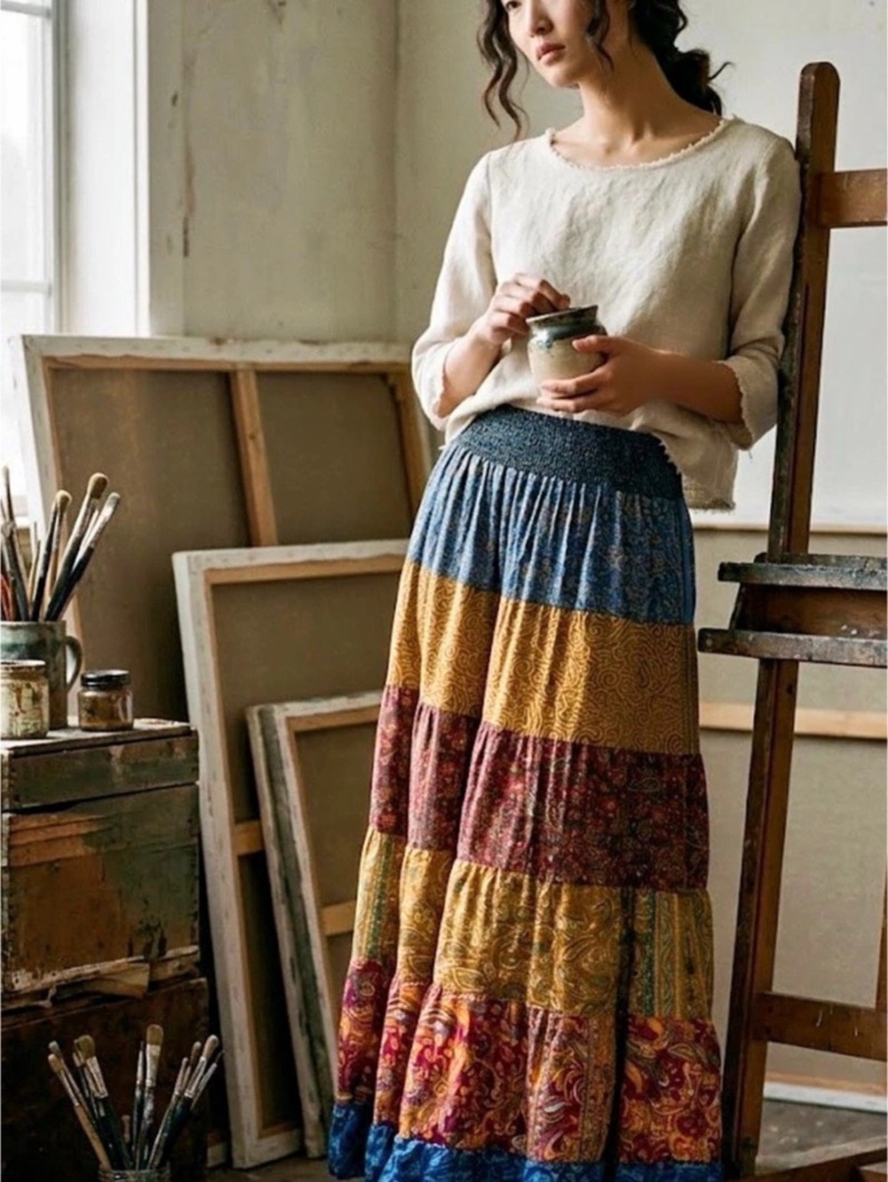 Paisley Tiered Maxi Skirt in Blue & Gold NWT